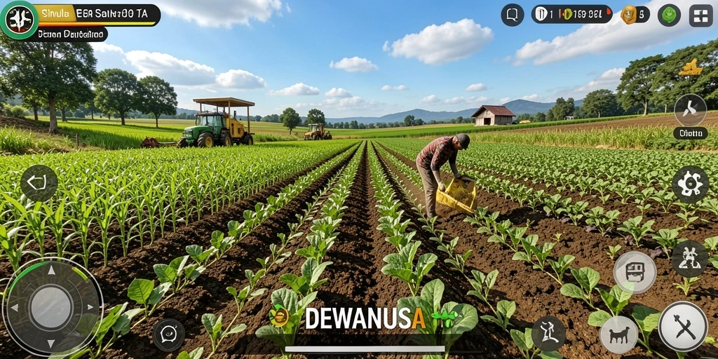Tampilan gameplay DEWANUSA menampilkan ladang yang indah dan tanaman yang subur.