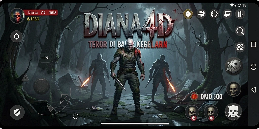 Screen utama DIANA4D menampilkan suasana kelam dan mencekam dari gameplay.