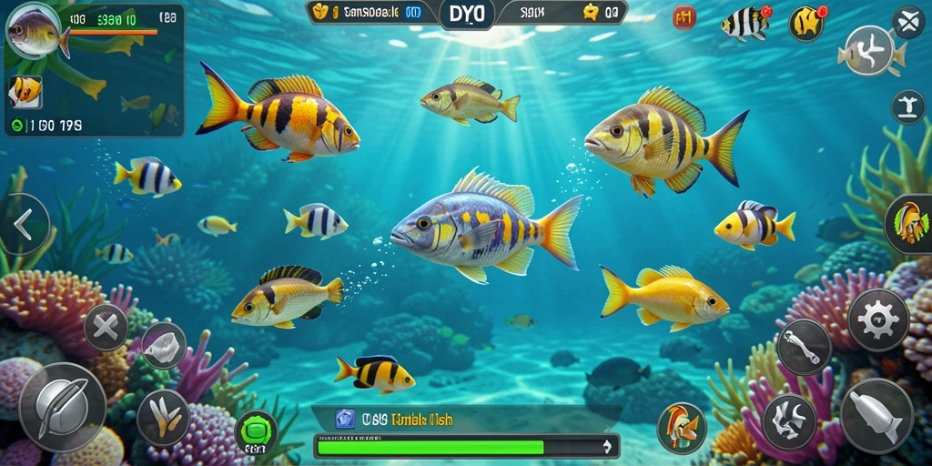Tampilan gameplay DYO1 dengan aksi menangkap ikan yang seru.