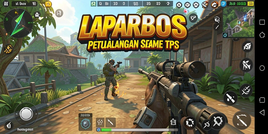 Screenshot utama LAPARBOS menampilkan aksi tembak-menembak yang mendebarkan.