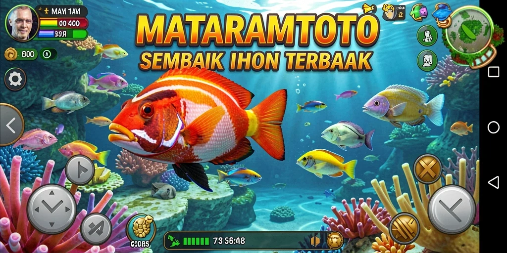 Screenshot gameplay MATARAMTOTO dengan ikan berwarna-warni.