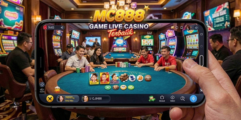 Screenshot MC888 menampilkan dealer langsung dalam permainan Live Casino yang seru.