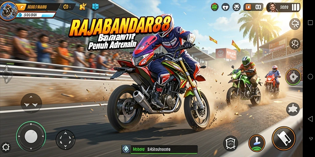 Screenshot RAJABANDAR88 menampilkan aksi balapan motor yang seru.