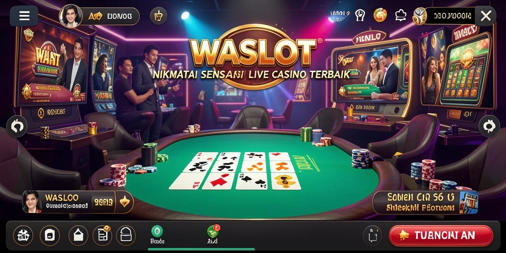 Screenshot gameplay WASLOT menunjukkan dealer profesional dan suasana kasino nyata.